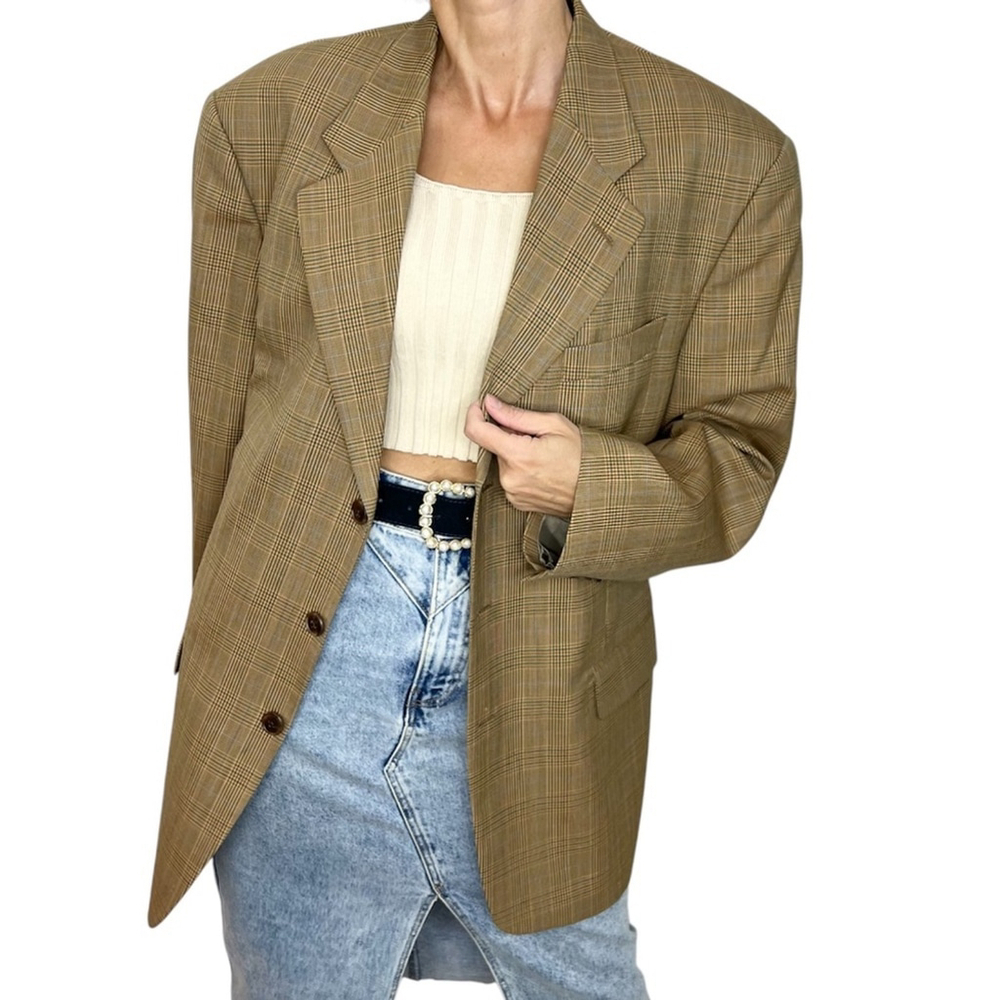 Vintage Aquascutum London 100% wool designer brown plaid oversized blazer jacket